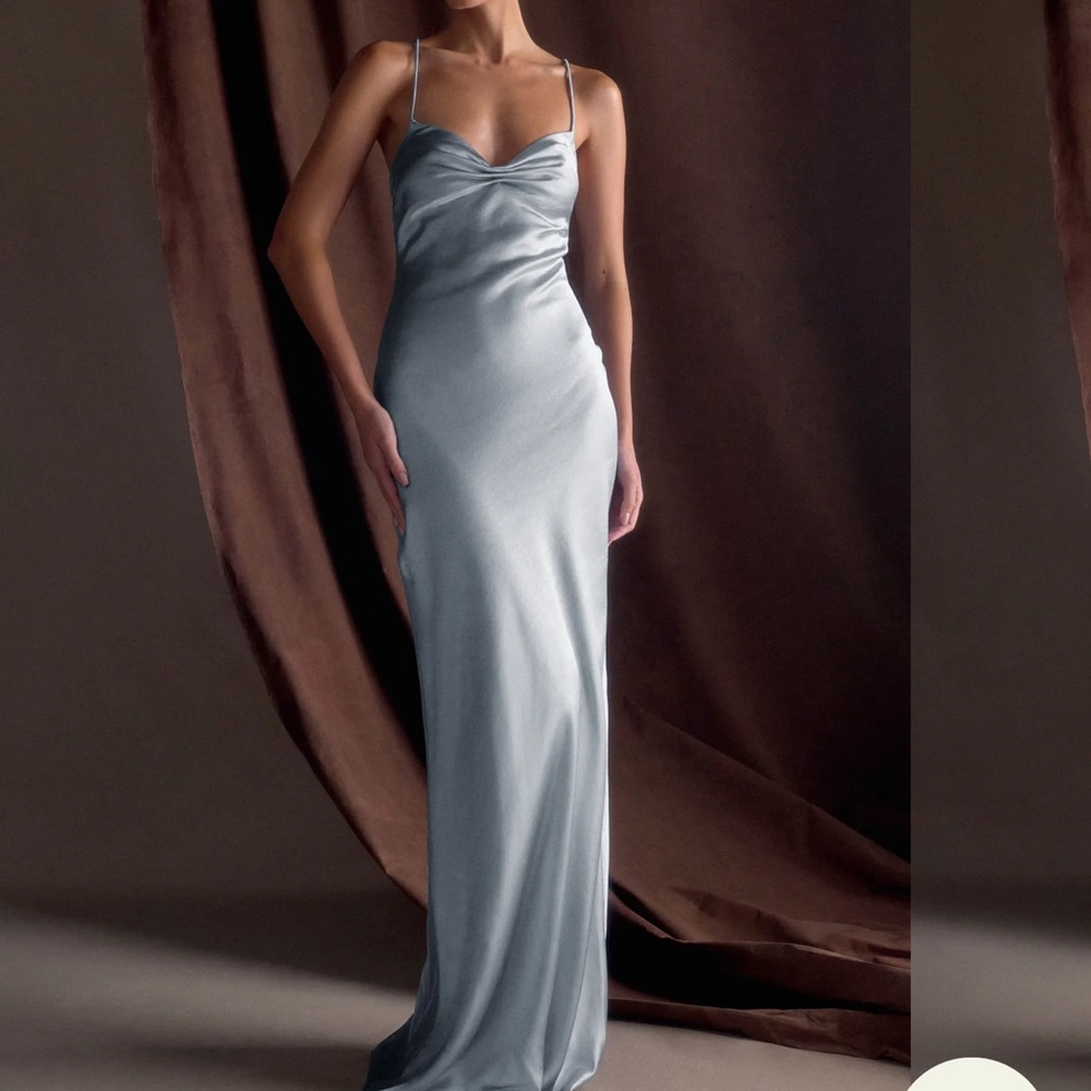 Meshki Lilly Sweetheart Satin Maxi Dress - Frosted Blue - Size Small